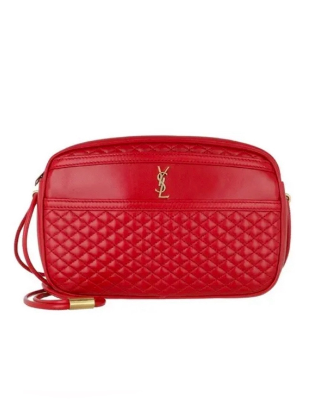Saint Laurent Red Quilted Leather Crossbody Camera Bag with Gold YSL